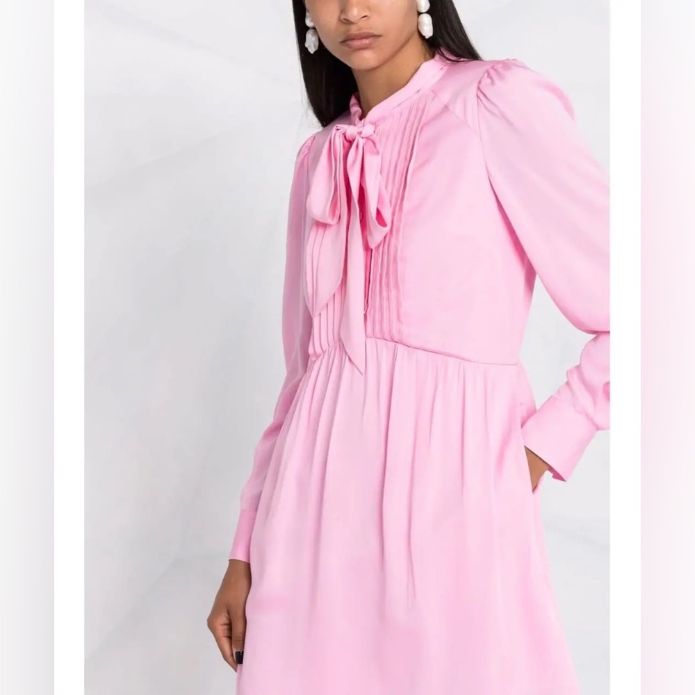 Self-Portrait Satin Viscose Puff-Sleeve Bow-Neck Mini Dress Bubblegum Pink Sz 8 - Picture 3 of 16